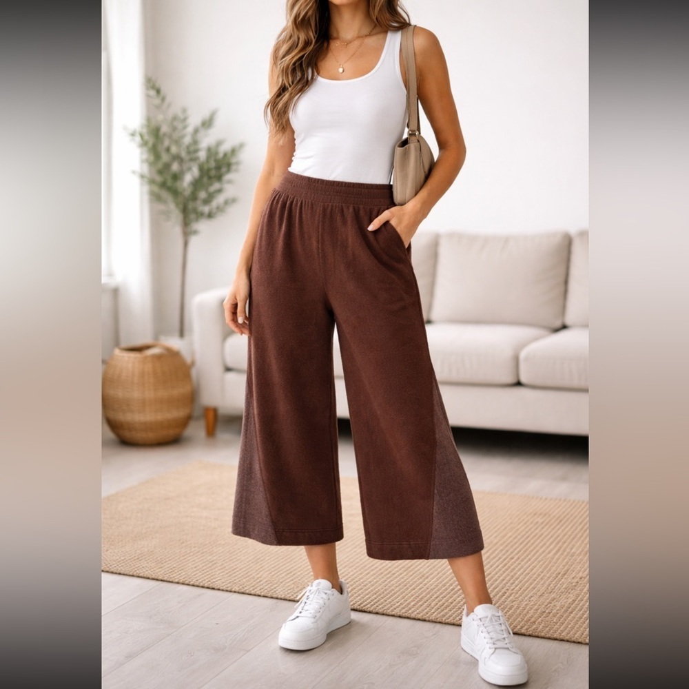 MONROW Brown Wide Leg Fleece Lounge Pants Cropped Gaucho Sweatpants 25151